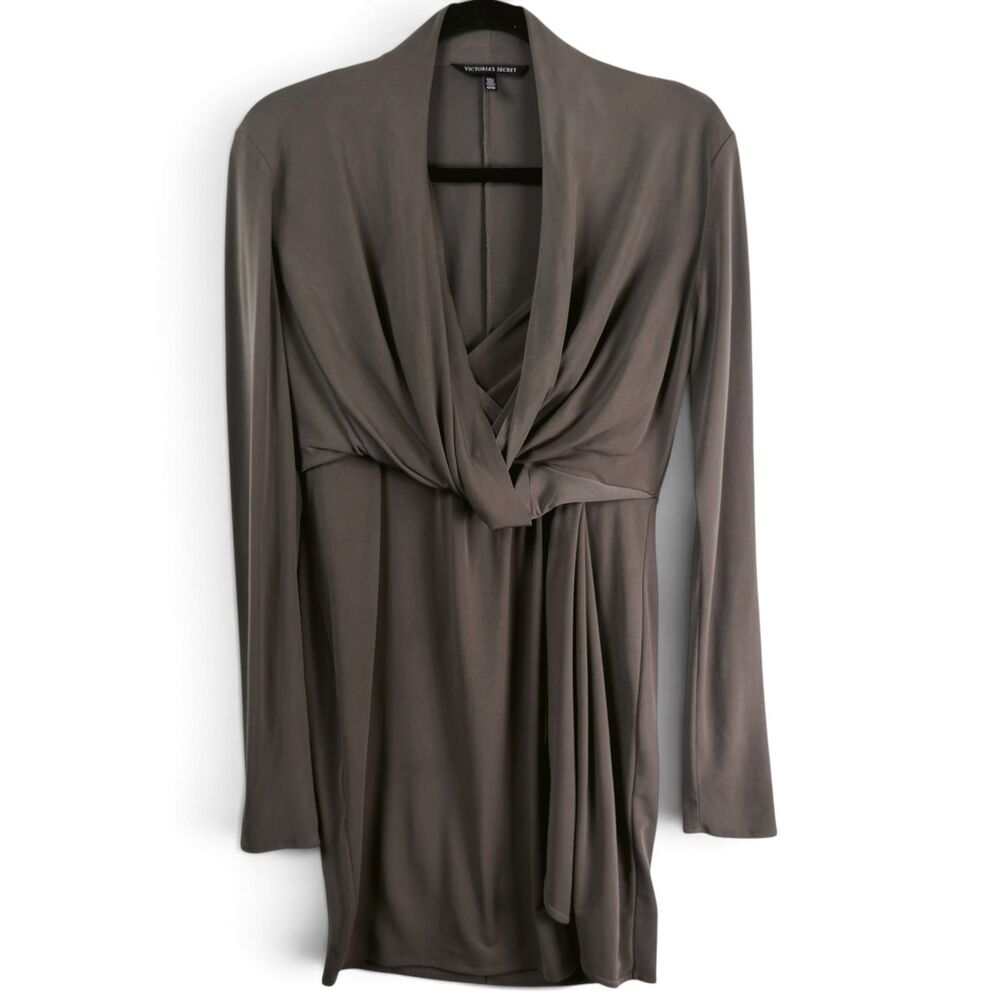victoria's secret brown draped wrap front mini dress medium long sleeve stretchy